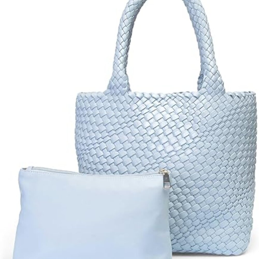 Vegan Leather Hand Woven Tote Bag for Women with Matching Purse Pouch - Blue